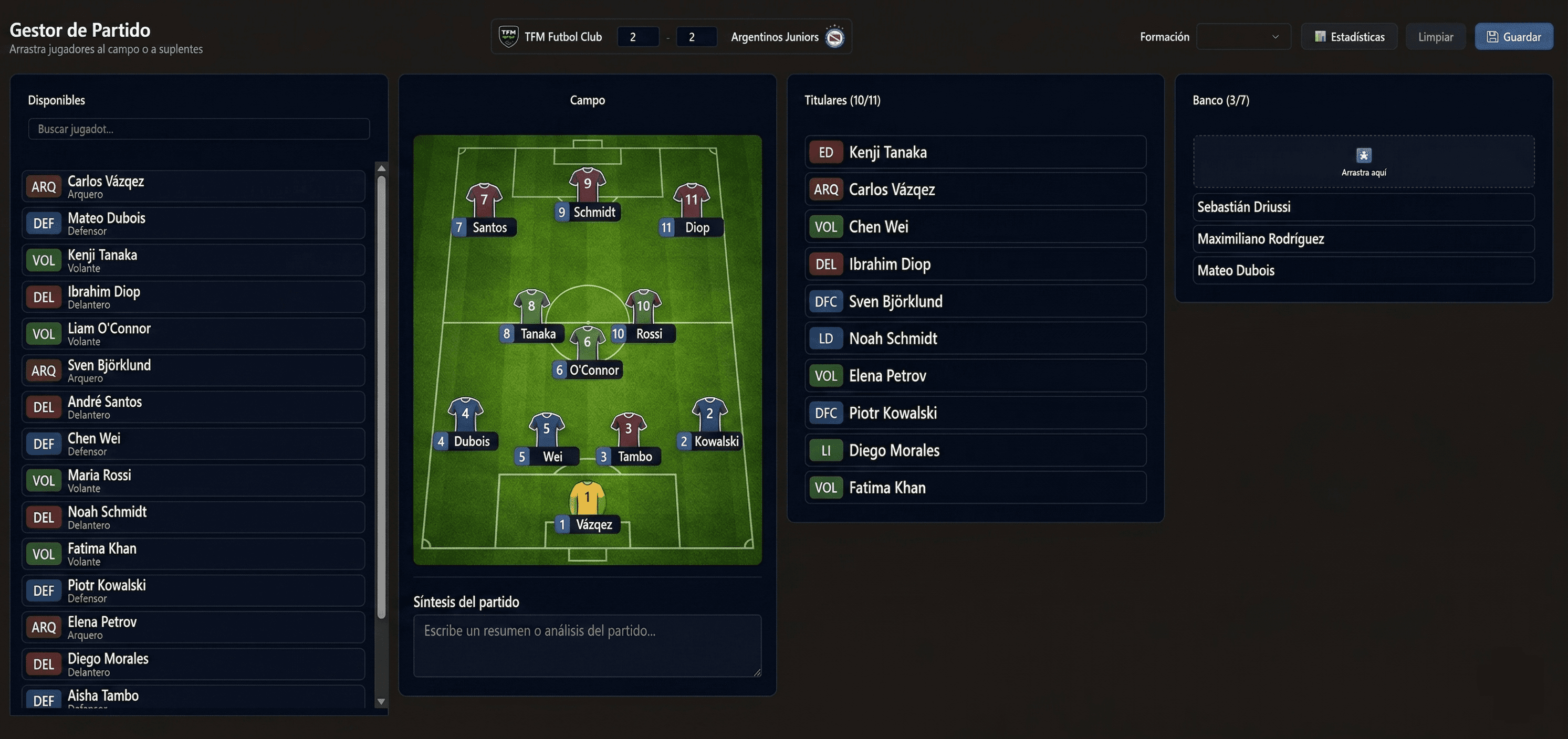 Gestión de planteles y partidos